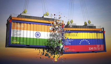 Hindistan ve Venezuela bayraklı kargo konteynerleri - 3 boyutlu illüstrasyon
