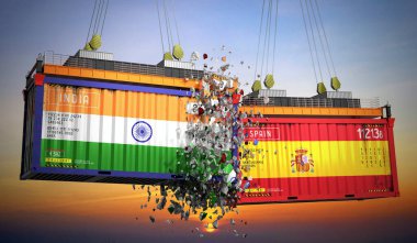 Hindistan ve İspanya bayraklı kargo konteynerleri - 3 boyutlu illüstrasyon