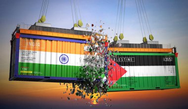 Hindistan ve Filistin 'in bayraklı kargo konteynerleri - 3 boyutlu illüstrasyon