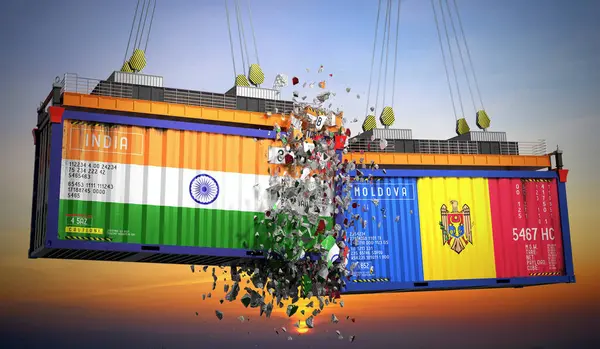 Hindistan ve Moldova bayraklı kargo konteynerleri - 3 boyutlu illüstrasyon