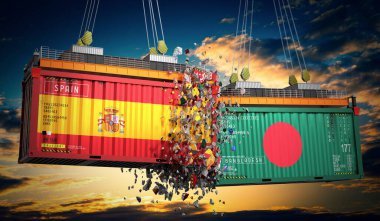 İspanya ve Bangladeş bayraklı kargo konteynerleri - 3 boyutlu illüstrasyon