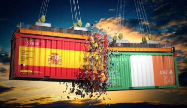 İspanya ve İrlanda bayraklı kargo konteynerleri - 3D illüstrasyon