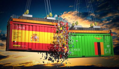 İspanya ve Zambiya bayraklı kargo konteynerleri - 3 boyutlu illüstrasyon