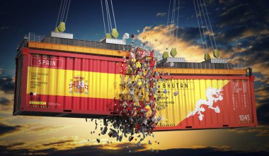 İspanya ve Bhutan bayraklı kargo konteynerleri - 3D illüstrasyon