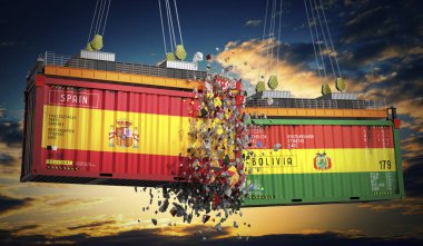 İspanya ve Bolivya bayraklı kargo konteynerleri - 3 boyutlu illüstrasyon