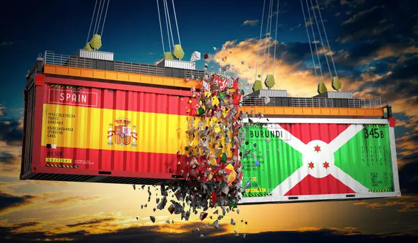 İspanya ve Burundi bayraklı kargo konteynerleri - 3 boyutlu illüstrasyon