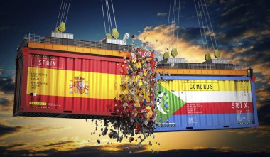 İspanya ve Komoros bayraklı kargo konteynerleri - 3 boyutlu illüstrasyon