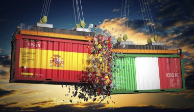 İspanya ve İtalya 'nın bayraklı kargo konteynerleri - 3D illüstrasyon