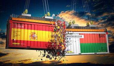 İspanya ve Madagaskar bayraklı kargo konteynerleri - 3 boyutlu illüstrasyon