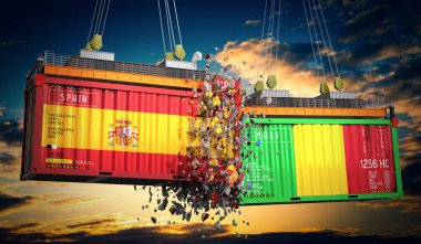 İspanya ve Mali bayraklı kargo konteynerleri - 3 boyutlu illüstrasyon