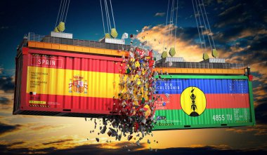 İspanya ve Yeni Kaledonya bayraklı kargo konteynerleri - 3 boyutlu illüstrasyon