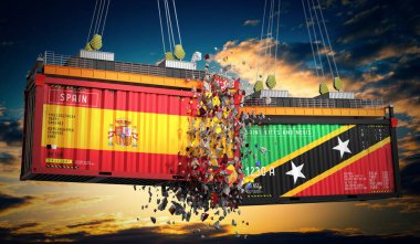 İspanya, Saint Kitts ve Nevis 'in bayraklı kargo konteynerleri - 3 boyutlu illüstrasyon