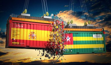İspanya ve Togo bayraklı kargo konteynerleri - 3 boyutlu illüstrasyon