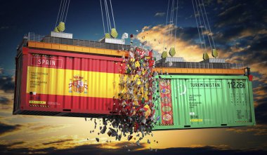 İspanya ve Türkmenistan bayraklı kargo konteynerleri - 3 boyutlu illüstrasyon