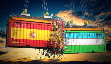 İspanya ve Özbekistan bayraklı kargo konteynerleri - 3D illüstrasyon