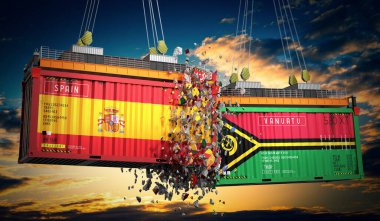 İspanya ve Vanuatu bayraklı kargo konteynerleri - 3 boyutlu illüstrasyon