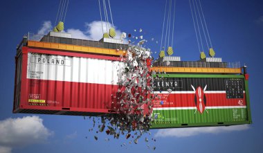 Polonya ve Kenya bayraklı kargo konteynerleri - 3 boyutlu illüstrasyon