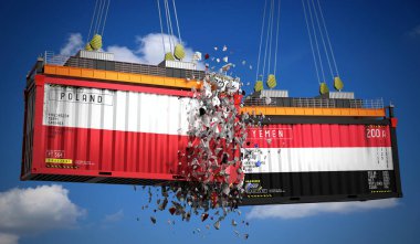 Polonya ve Yemen bayraklı kargo konteynerleri - 3 boyutlu illüstrasyon