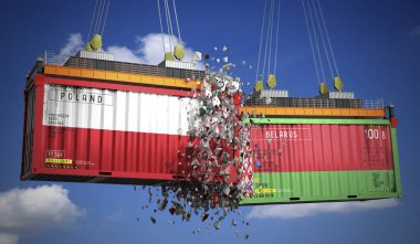 Polonya ve Belarus 'un bayraklı kargo konteynerleri - 3 boyutlu illüstrasyon