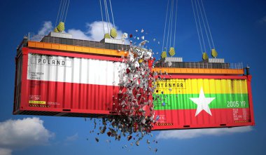Polonya ve Myanmar bayraklı kargo konteynerleri - 3 boyutlu illüstrasyon