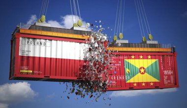 Polonya ve Grenada bayraklı kargo konteynerleri - 3 boyutlu illüstrasyon