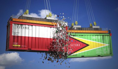 Polonya ve Guyana bayraklı kargo konteynerleri - 3 boyutlu illüstrasyon
