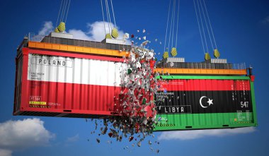 Polonya ve Libya bayraklı kargo konteynerleri - 3 boyutlu illüstrasyon