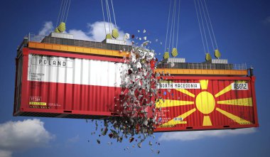 Polonya ve Kuzey Makedonya bayraklı kargo konteynerleri - 3D illüstrasyon