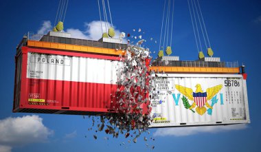 Polonya ve Amerikan Virjin Adaları bayraklı kargo konteynerleri - 3D illüstrasyon