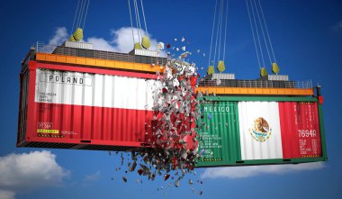 Polonya ve Meksika bayraklı kargo konteynerleri - 3 boyutlu illüstrasyon