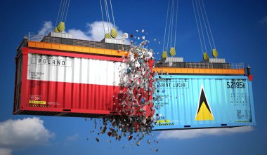 Polonya ve Saint Lucia bayraklı kargo konteynerleri - 3 boyutlu illüstrasyon