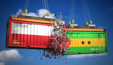 Polonya ve Sao Tome ve Principe bayraklı kargo konteynerleri - 3 boyutlu illüstrasyon