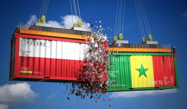 Polonya ve Senegal bayraklı kargo konteynerleri - 3 boyutlu illüstrasyon