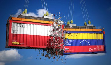 Polonya ve Venezuela bayraklı kargo konteynerleri - 3 boyutlu illüstrasyon