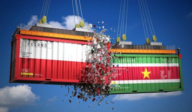 Polonya ve Surinam bayraklı kargo konteynerleri - 3 boyutlu illüstrasyon