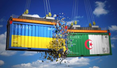 Ukrayna ve Cezayir bayraklı kargo konteynerleri - 3 boyutlu illüstrasyon