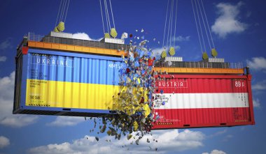 Ukrayna ve Avusturya bayraklı kargo konteynerleri - 3 boyutlu illüstrasyon