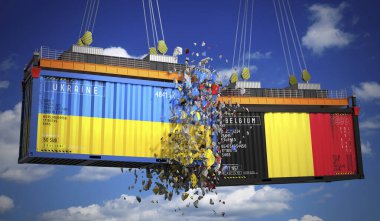 Ukrayna ve Belçika bayraklı kargo konteynerleri - 3 boyutlu illüstrasyon