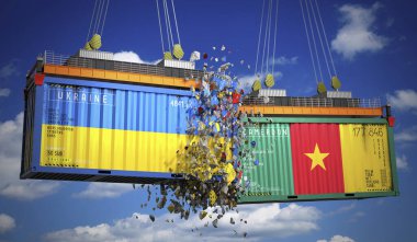 Ukrayna ve Kamerun bayraklı kargo konteynerleri - 3 boyutlu illüstrasyon