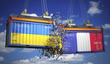 Ukrayna ve Fransa bayraklı kargo konteynerleri - 3 boyutlu illüstrasyon