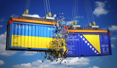 Ukrayna ve Bosna-Hersek bayraklı kargo konteynerleri - 3D illüstrasyon