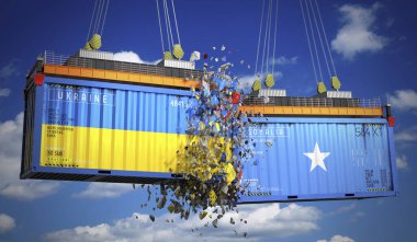 Ukrayna ve Somali bayraklı kargo konteynerleri - 3 boyutlu illüstrasyon