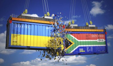 Ukrayna ve Güney Afrika bayraklı kargo konteynerleri - 3 boyutlu illüstrasyon