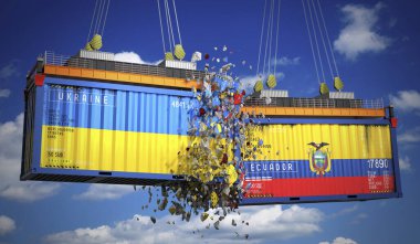 Ukrayna ve Ekvador bayraklı kargo konteynerleri - 3 boyutlu illüstrasyon