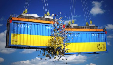 Ukrayna bayraklı kargo konteynerleri - 3 boyutlu illüstrasyon