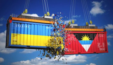 Ukrayna, Antigua ve Barbuda bayraklı kargo konteynerleri - 3 boyutlu illüstrasyon