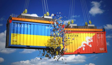 Ukrayna ve Butan bayraklı kargo konteynerleri - 3D illüstrasyon