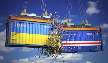 Ukrayna ve Cape Verde bayraklı kargo konteynerleri - 3 boyutlu illüstrasyon