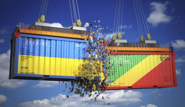 Ukrayna ve Kongo Cumhuriyeti bayraklı kargo konteynerleri - 3 boyutlu illüstrasyon