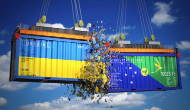 Ukrayna ve Noel Adası bayraklı kargo konteynerleri - 3 boyutlu illüstrasyon